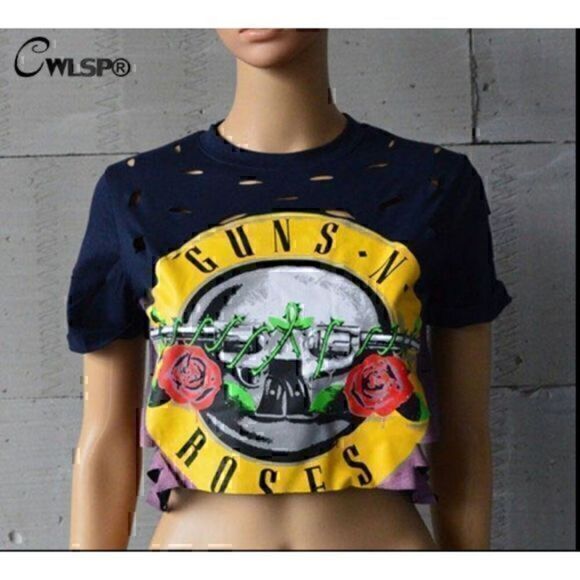 Tops - Distressed GUNS N ROSES Navy Blue Graphic Print Crop Top Short Sleeve XL